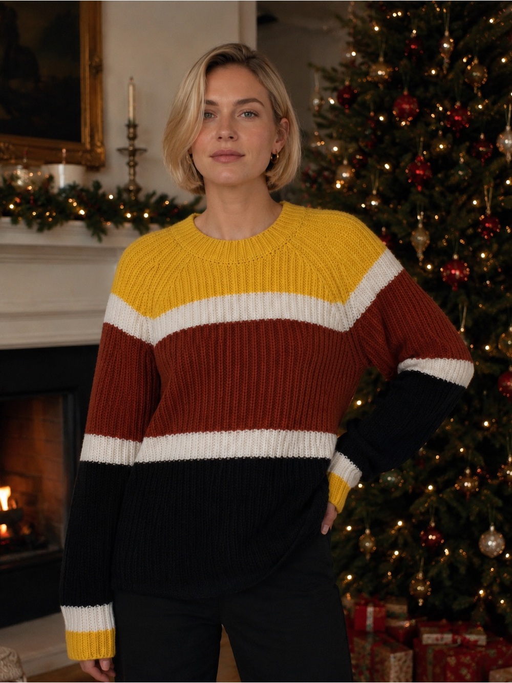 Brand New: Derek Lam Colorblock Rib-Knit Sweater in Yellow, Brown, White, Black